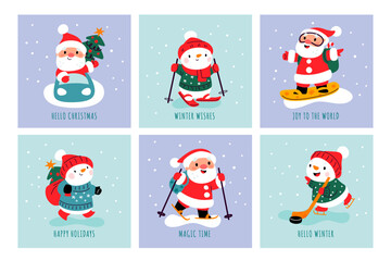 Cartoon Santa Claus and snowman cards. New Year holiday. Christmas characters with gifts on skis, snowboard and car. Outdoor winter sport exercises. Xmas banners design. Garish vector set
