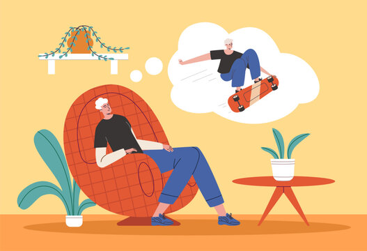 Cartoon lazy man dreams. Guy fell asleep in comfortable chair. Extreme skateboard jumps in thoughts cloud. Boy imagining about riding skateboard. Sedentary lifestyle. Vector concept