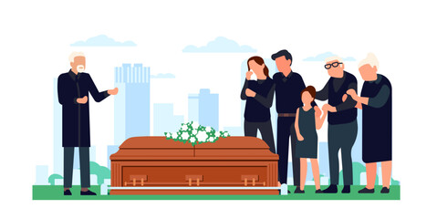 Funeral ceremony. Sad family members standing in cemetery near coffin with deceased. Traditional burial farewell ritual. Grief and sorrow. Mourning death of relative. Vector concept