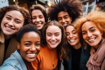 Fototapeta premium Group of women friends smiling for selfie picture at camera - Happy people having fun together celebrating outside