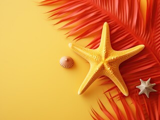 Fototapeta na wymiar Starfish and a palm leaf are on a bright yellow background 3D illustration, summer vibes, AI Generative 
