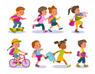 Funny kids get to school. Students with backpacks go and run for lessons. Children ride bikes or skateboards. Girls and boys walk by foot. Teens carry books and bags. Splendid vector set