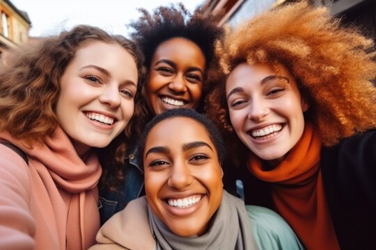 Group of women friends smiling for selfie picture at camera - Happy people having fun together celebrating outside