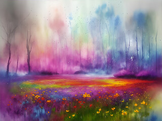 Watercolor meadow in the forest. AI generated illustration