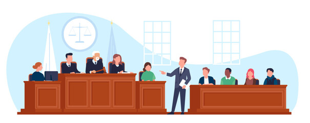 Trial in courtroom. Lawyer asks questions to witness. Courthouse interior. Judge and jury at wooden tribunes. Law tribunal. Prosecutor and defendant attorney. Vector jurisdiction concept