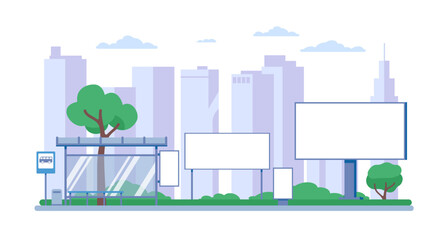 Naklejka premium Urban advertising. White blank billboards and banners. City landscape. Downtown buildings and road signboard. Town marketing boards. Outdoor signage. Promotion lightbox. Vector concept