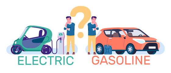 Young guy chooses electric or gasoline car. City eco transport. Dilemma between electromobile and petrol engine vehicle. Thoughtful person making decision. Solve question. Vector concept