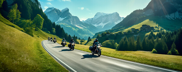 Motorcyclists ride on a winding road against the backdrop of mountains - obrazy, fototapety, plakaty