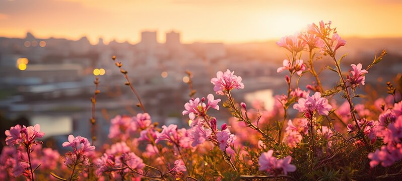 beautiful wild flower field with cityscape background, morning sunlight, Generative Ai