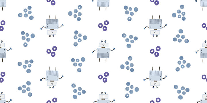 Colorful cartoon robots isolated background seamless pattern. Endless pattern with different robots. Repeating color simple flat pattern with monsters. Pattern for kids with cartoon characters. 