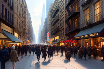 Obraz premium Illustration of a busy new york city street with crowds of people walking. (AI-generated fictional illustration) 
