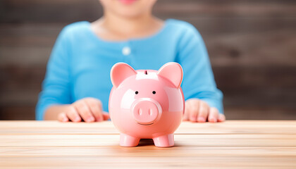 A child with pink piggy bank on wooden desk, in bright room. saving money.
