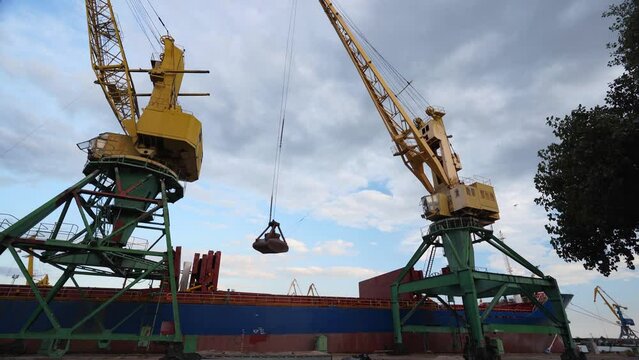 Grain transshipment from container to ship cargo holds with a double rope dual scoop clamshell grab on crane in sea port. Wheat shipment with water transport. Agricultural commodities transportation.