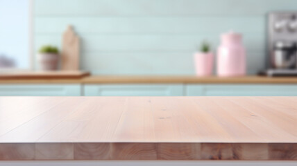 Wooden table on a modern kitchen with a blurred background. AI generated