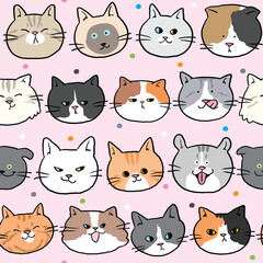 Seamless Pattern with Cartoon Cat Face Design on Light Pink Background