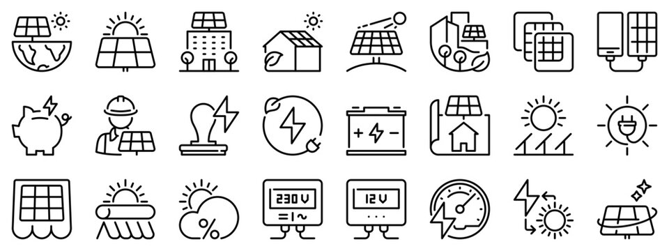 Line icons about solar energy on transparent background with editable stroke.