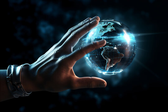 hand holding hologram of world and earth, digital technology, create using generative AI