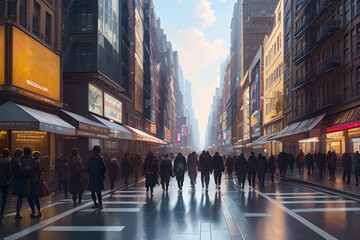 Obraz premium Illustration of a busy new york city street with crowds of people walking. (AI-generated fictional illustration) 