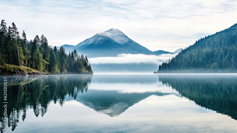 Poster a lake surrounded by trees with a mountain in the background. generative ai