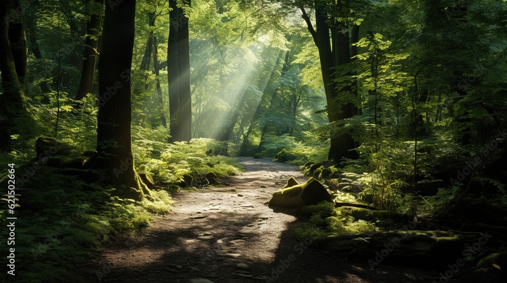 Poster a path in the middle of a forest with sun shining through the trees. generative ai