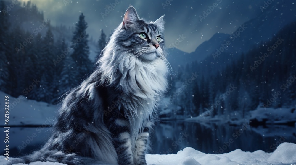Poster  a cat sitting in the snow with a full moon in the background.  generative ai