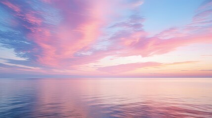 Naklejka na ściany i meble a pink and blue sky with clouds over the ocean at sunset. generative ai