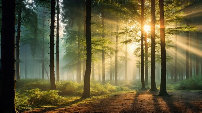  the sun shines through the trees in a forest filled with tall trees.  generative ai