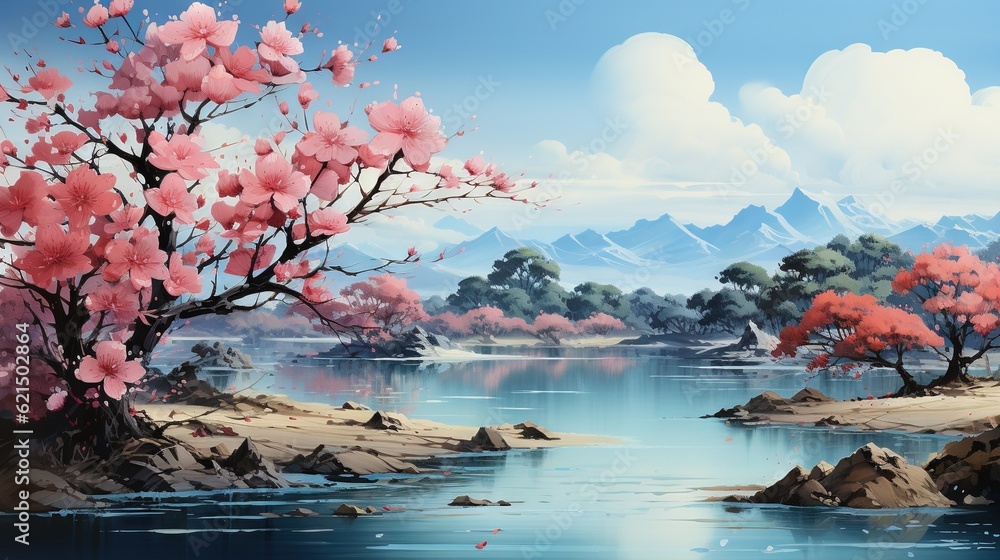 Poster a painting of a river with mountains in the background and trees in the foreground. generative ai