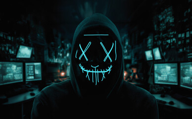 Portrait of a computer hacker wearing neon mask over dark room background