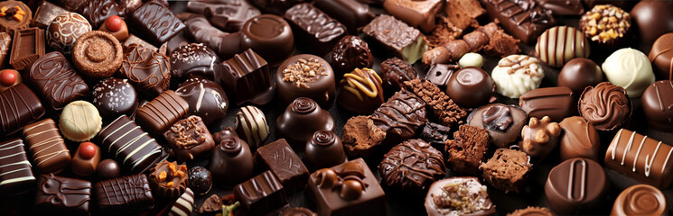 Image of delicious chocolates of different shapes and with different fillings. Horizontal...