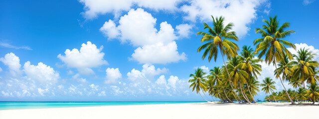 Paradise beach of a tropical island, palm trees, white sand, azure water. Famous stone beach in the Seychelles. Generative AI.