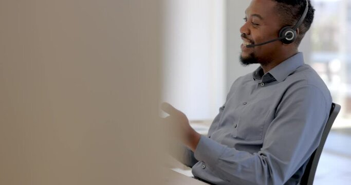 Computer, call center or happy black man in customer service pointing to insurance choice or option. Contact us, telecom or friendly African telemarketing agent consulting or talking on headset mic