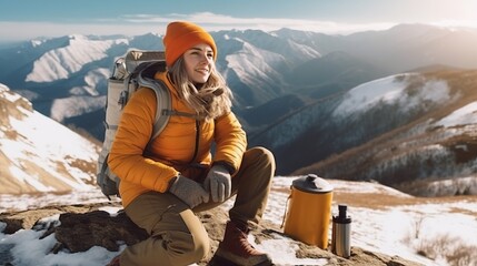 Strong character independent woman in yellow hat hiking sits on top of a mountain and writes diary entries. Generative AI