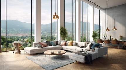 Designed main area a living room, with stunning panoramic light windows. Generative AI