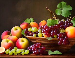 Assortment of juicy fruits in a large bowl on wooden table, natural background. Digital illustration. CG Artwork Background