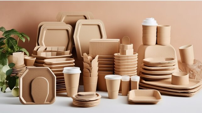 Different craft disposable eco-friendly dishes, craft glasses and boxes for food. Generative AI