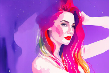 Sensual woman in neon ultraviolet light watercolor drawing, AI generative.