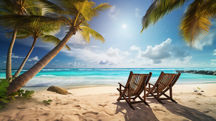 Chairs on a beach with a sand and palms. Ocean view. AI generated