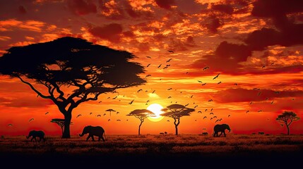 A captivating and fiery sunset over a vast savannah, with silhouettes of roaming wildlife creating a stunning African landscape. generative ai