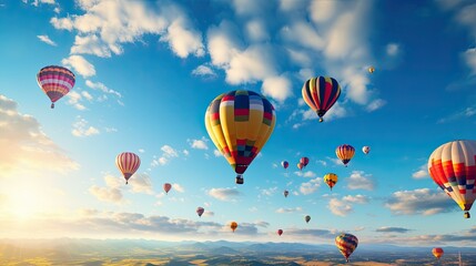Obraz premium A group of colorful hot air balloons floating gracefully in the sky, offering a breathtaking aerial view. generative ai