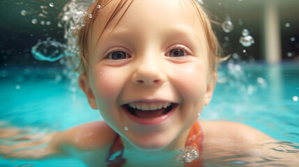 Fototapeta na wymiar Portrait of a cute little girl in swimming pool with splashes. selective focus.