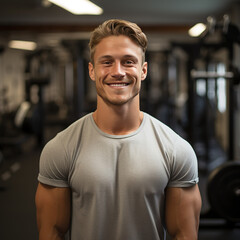 Fototapeta premium Portrait of handsome muscular man smiling and standing in the background of sport gym. created with generative AI technology.