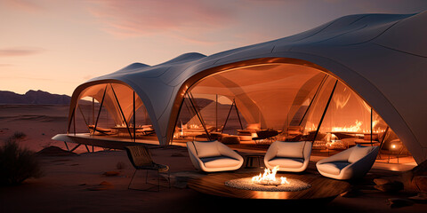 Luxurious view of a tent in the desert with outdoor seating around a fire. 