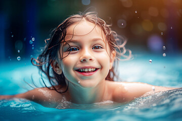 Portrait of a smiling little girl in a swimming pool. selective focus.