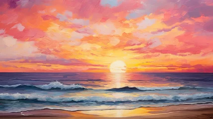 Foto op Plexiglas Warm oranje A stunning sunset painting the sky in shades of orange and pink, casting a golden glow over the tranquil ocean. generative ai