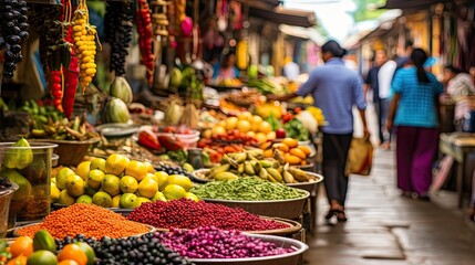 Obraz premium A vibrant and bustling street market, with vendors selling exotic fruits, colorful textiles, and fragrant spices, immersing visitors in a sensory feast. generative ai