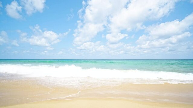 Beach blue sky seascape ocean horizon. Scene cloudscape wave splashing sandy sunny. Sea sky clouds.  