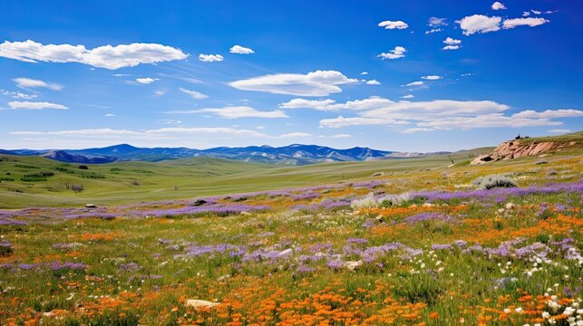 A vast grassland stretching as far as the eye can see, with wildflowers blooming in a riot of colors. generative ai