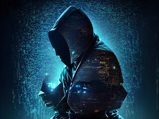 AI robot hacker, surrounded by a network of glowing data. Cybersecurity, Cybercrime, Cyberattack. Generative AI
