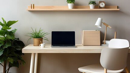 An organized office desk with a sleek laptop, stationery, and a potted plant, generative ai